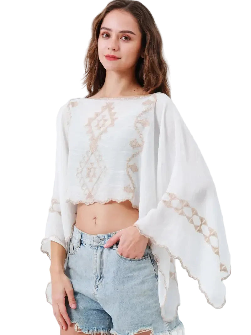 Embroidered Cropped Kaftan Top – Boho Flutter Sleeve Festival Top in White & Gold
