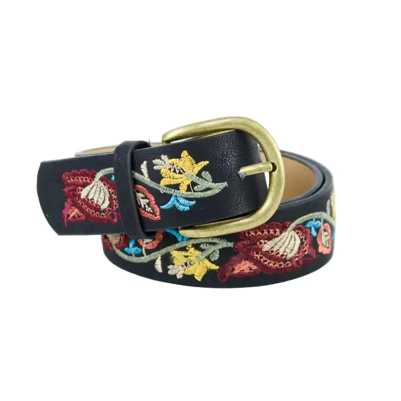 Flower Embroidered Belt in Black
