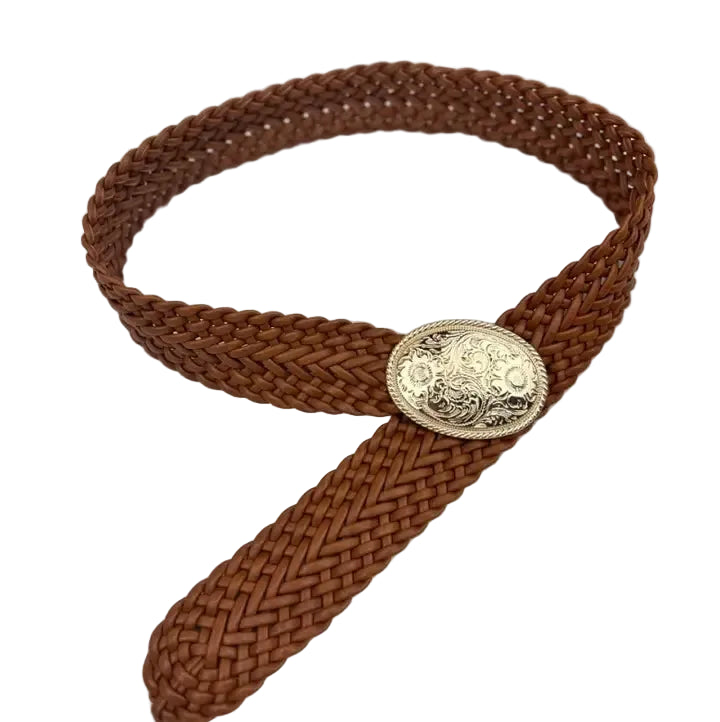 Woven Wide Waist Belt with Gold Engraved Medallion in Camel
