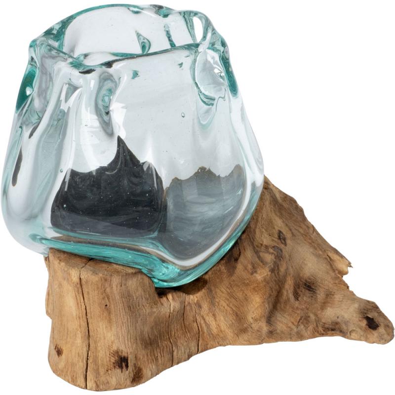 Round Cup Molten Glass Bowl on Teak Driftwood Base
