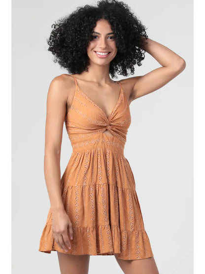 Eyelet Twist-Front Mini Sundress in Terracotta