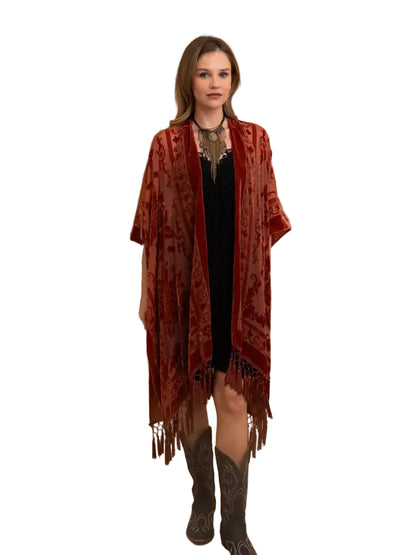 Rust Velvet Floral Burnout Kimono Duster with Tassels