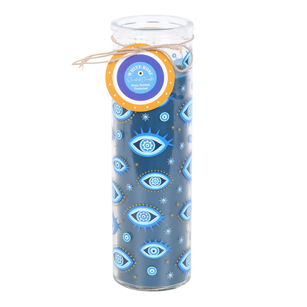 Evil Eye White Rose Scented Glass Pillar Candle