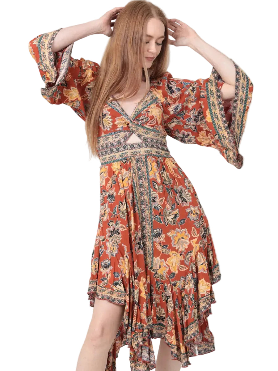Twist Front Cutout Handkerchief Hem Boho Dress in Brown