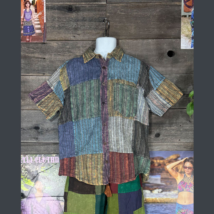 Jasper Nepali Striped Patchwork Over Dyed Button Up in Grey