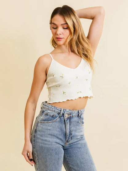 Daisy Embroidered Ribbed Lettuce Edge Brami in Ivory