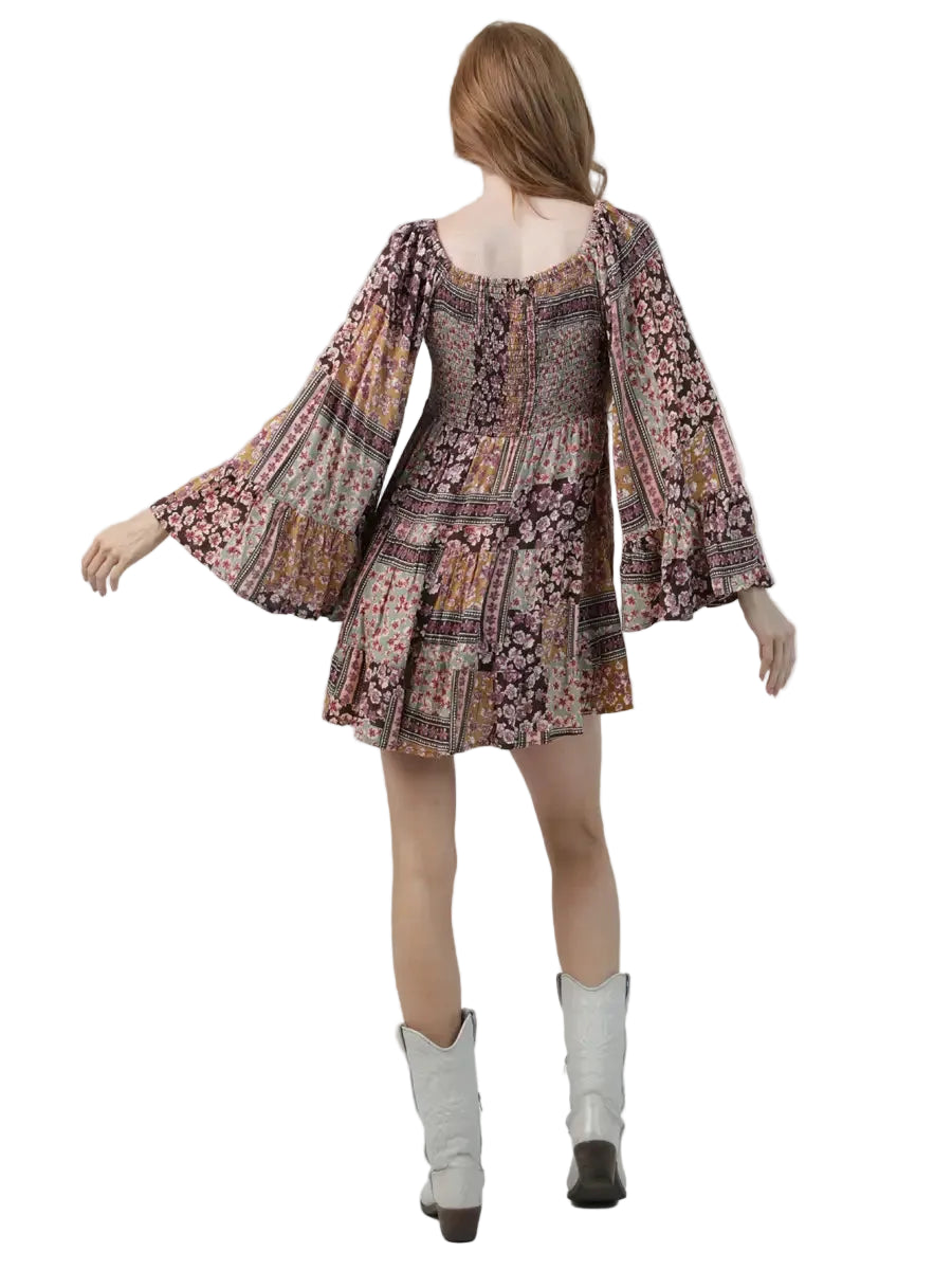 Patchwork Floral Lace-Trim Mini Dress in Brown