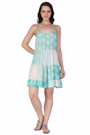 Bagru Print Short Dress in Aqua with Gold Details SALE