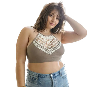 Crochet Lace Halter Bralette in Mocha - XL/2X