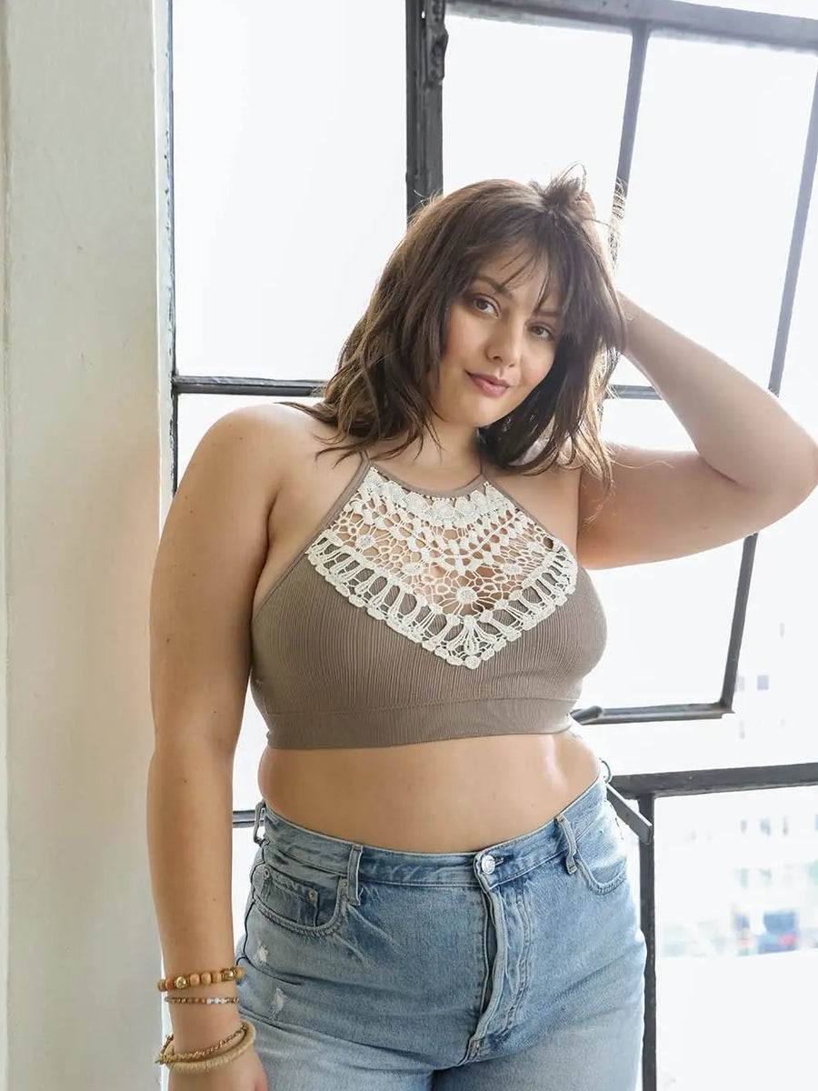 Curvy High Neck Crochet Bralette in Mocha