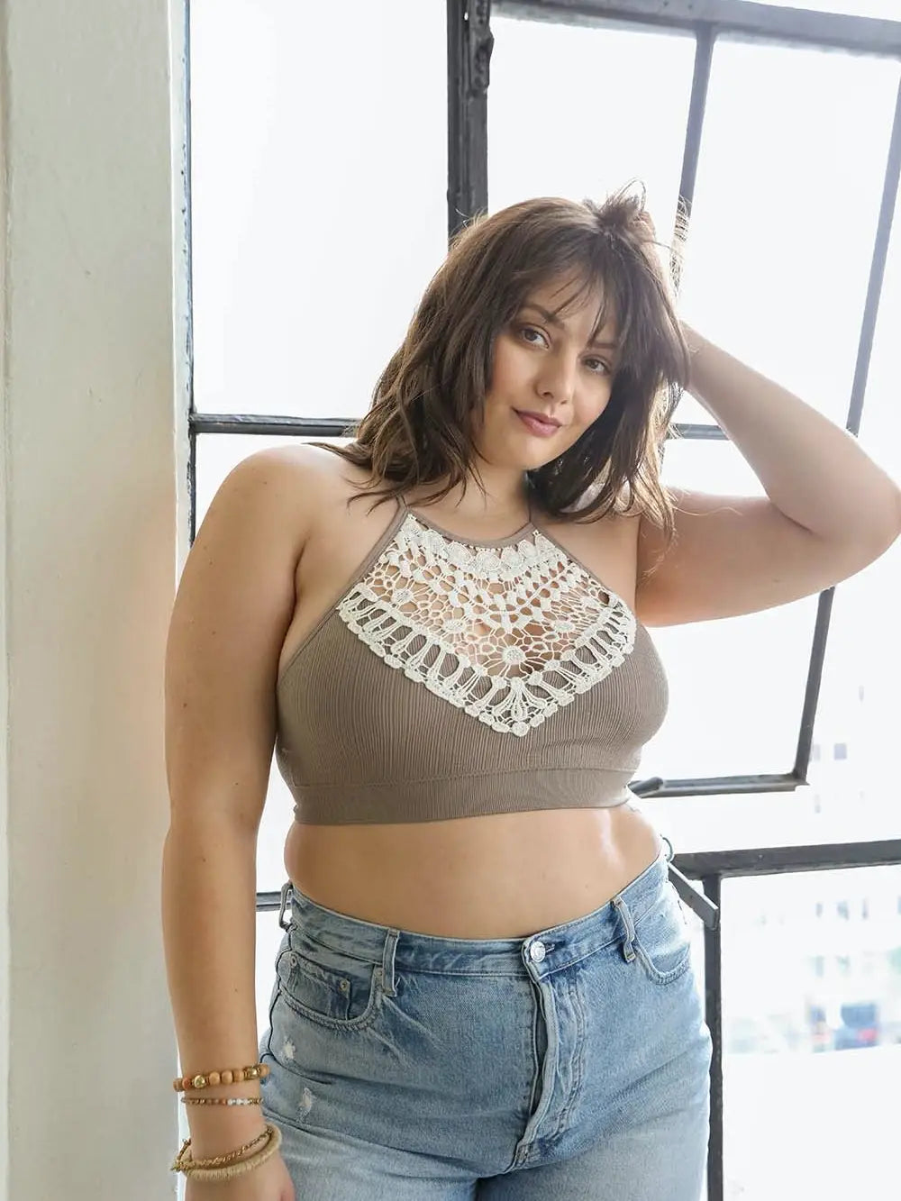 Crochet Lace Halter Bralette in Mocha - XL/2X