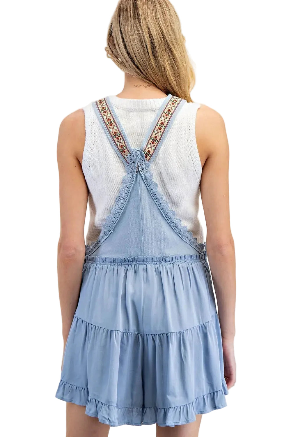 Lace Trim Tiered Sleeveless Romper in Denim Blue