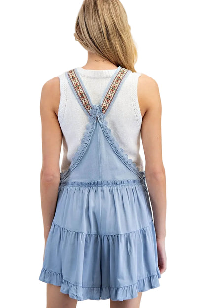 Lace Trim Tiered Sleeveless Romper in Denim Blue