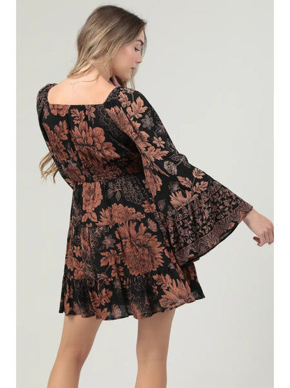 Dark Floral Bell Sleeve Ruffle Mini Dress