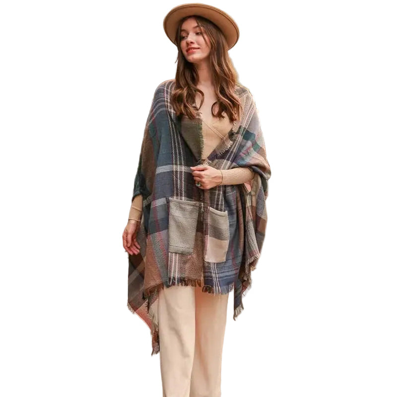Plaid Fringe Shawl Wrap with Pockets in Light Pink