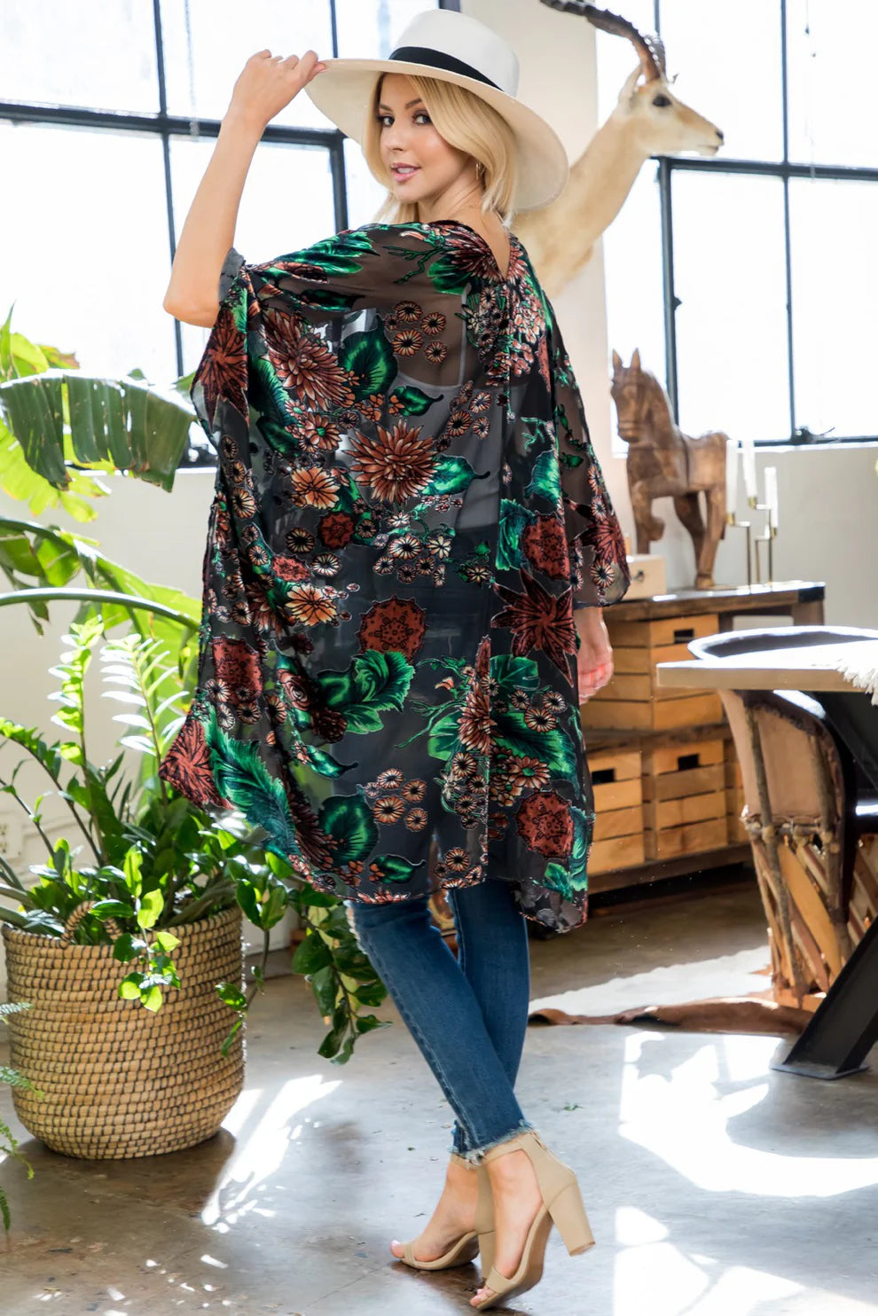Forest Floral Burnout Velvet Kimono
