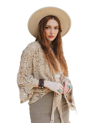 Crochet Floral Petal Kimono Wrap in Mocha