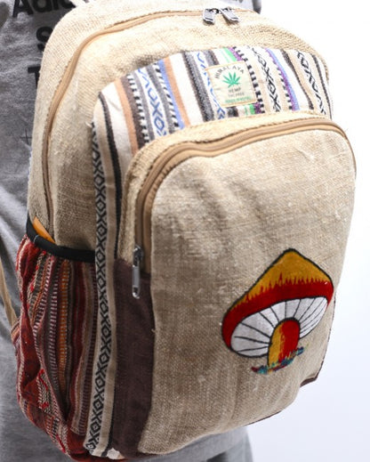 Himalayan Hemp Fabric with Embroidered Mushroom Large Backpack  - Assorted Colors