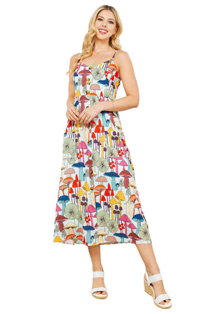 Whimsical Mushroom Print Midi Dress – Button-Front Smocked Cami Sundress with Pockets SALE