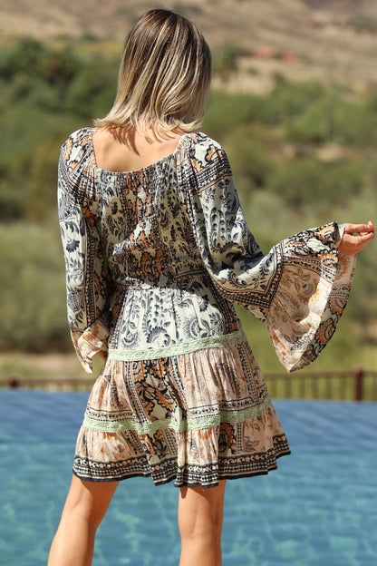 Boho Smocked V-Neck Bell Sleeve Mini Dress with Crochet Lace Trim