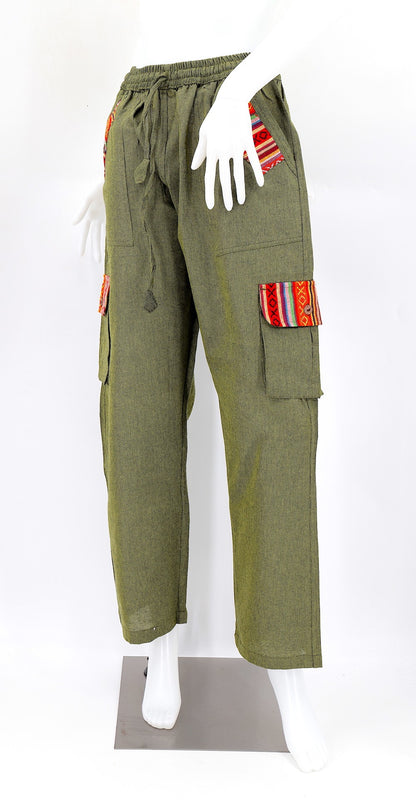 Green Boho Cargo Pants with Gheri Accents and Pockets