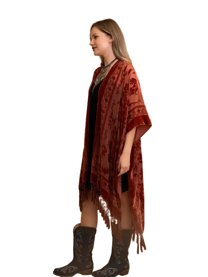 Rust Velvet Floral Burnout Kimono Duster with Tassels