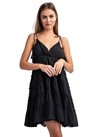 Black Tiered Mini Dress with Tassel Ties