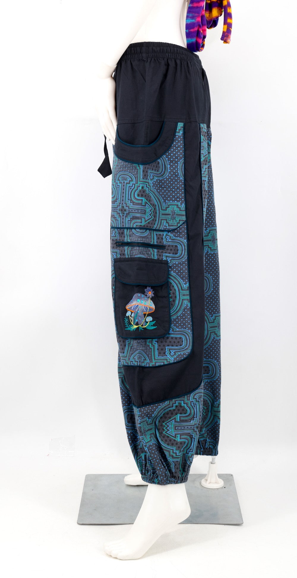 Geometric Tile Print Harem Cargo Pants with Mushroom Embroidery in Blue
