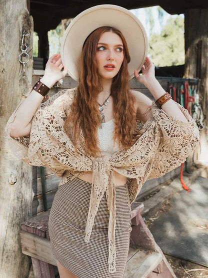Crochet Floral Petal Kimono Wrap in Mocha