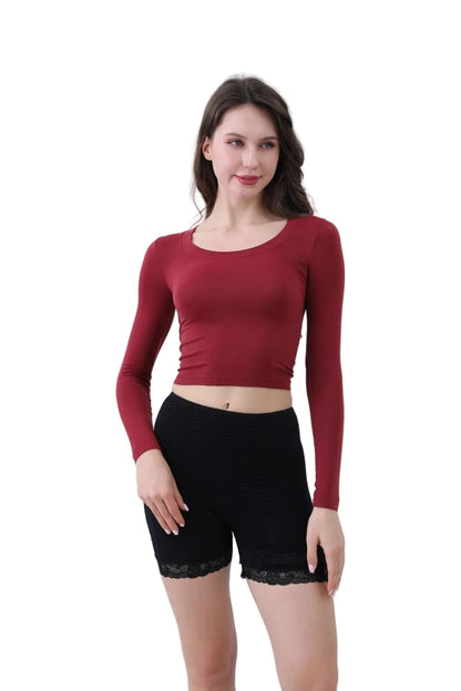 Second Skin Long Sleeve Crop Top in Burgundy