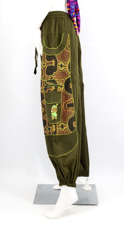 Geometric Tribal Harem Cargo Pants with Mushroom Embroidery