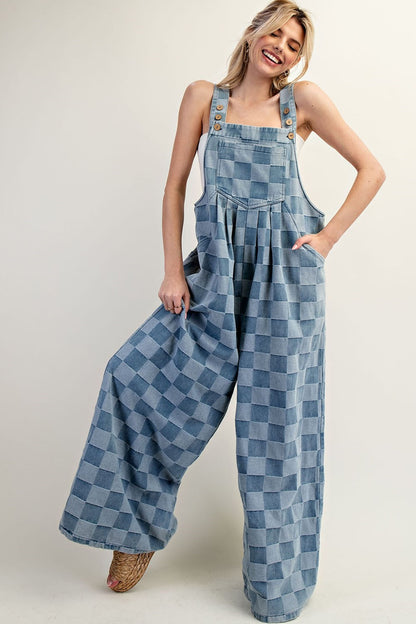 Mineral Washed Checker Print Wide Leg Overalls