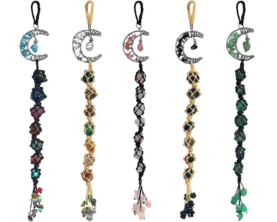 Macrame Wrapped Agate Stone & Moon Chip Ornament Keychain