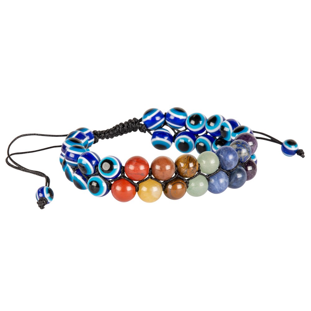 7 Chakra Gemstone and Evil Eye Double-Row Braided Adjustable Bracelet