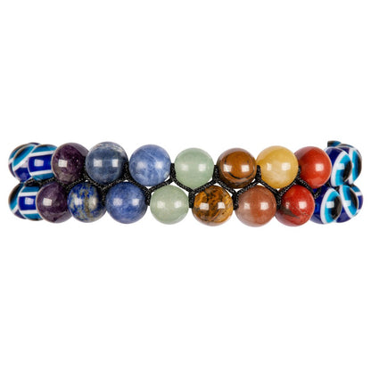 7 Chakra Gemstone and Evil Eye Double-Row Braided Adjustable Bracelet