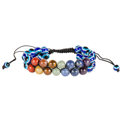7 Chakra Gemstone and Evil Eye Double-Row Braided Adjustable Bracelet