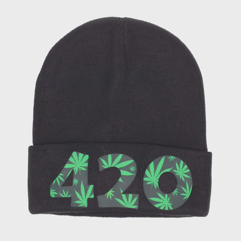 Bold 420 Green Leaves on Black Beanie