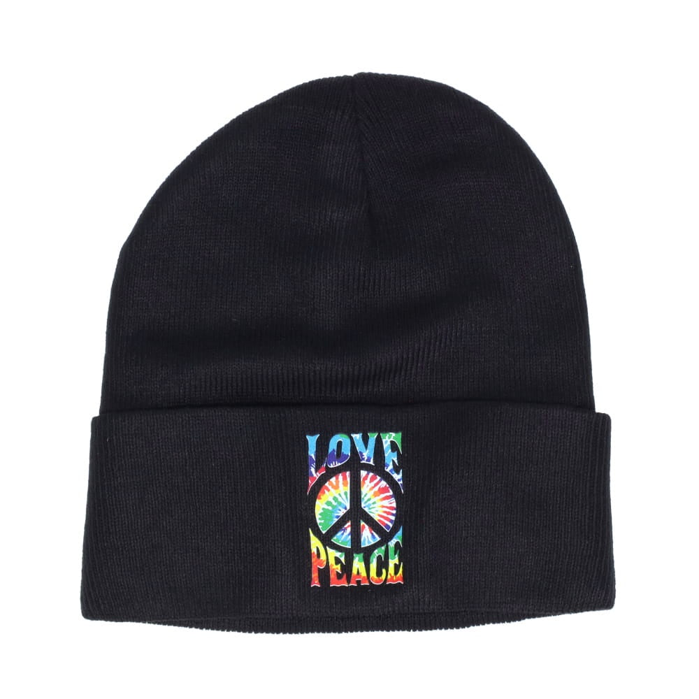 Tie Dyed Peace and Love on Black Beanie