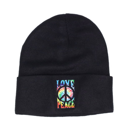 Tie Dyed Peace and Love on Black Beanie