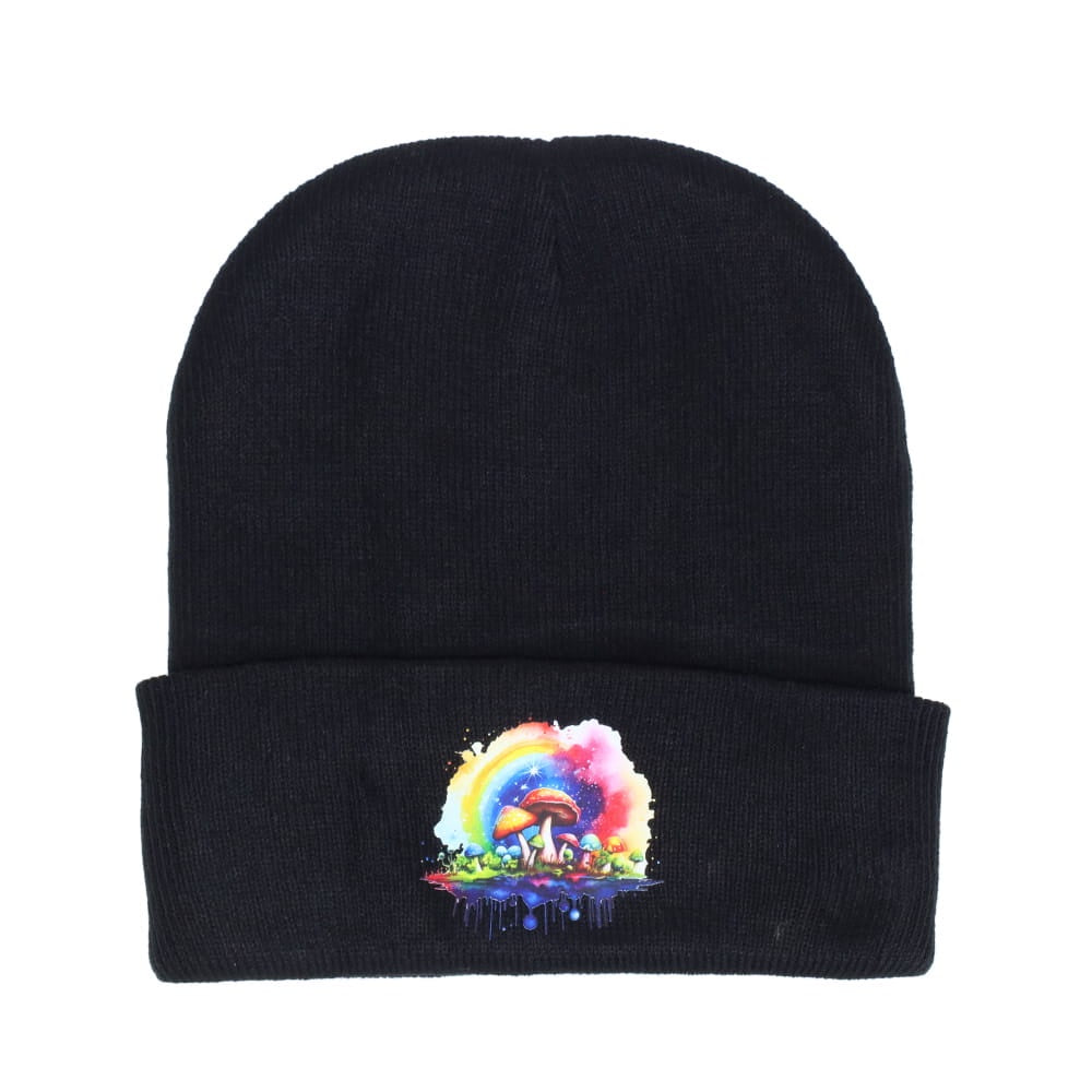 Trippy Mushroom Print on Black Beanie