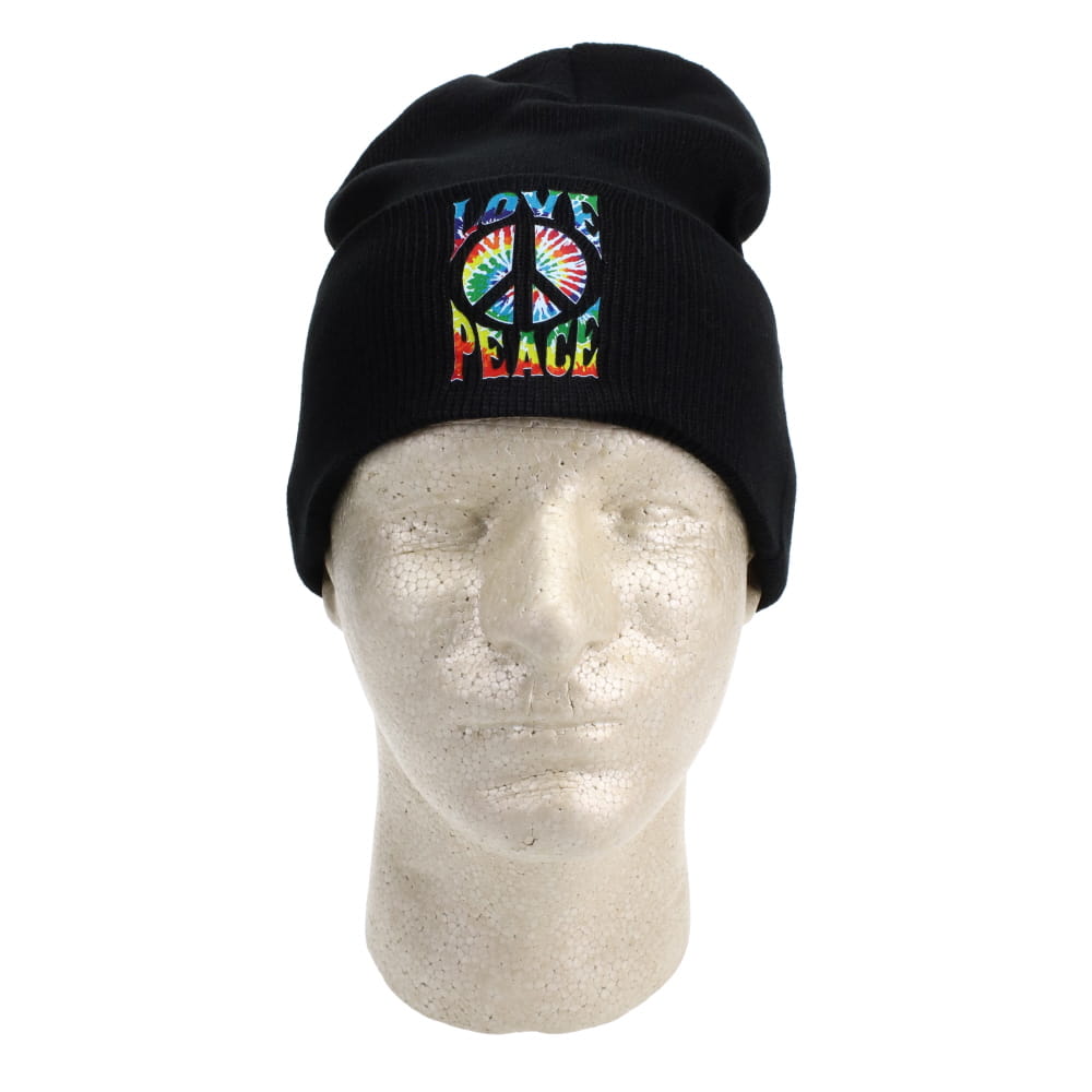 Tie Dyed Peace and Love on Black Beanie