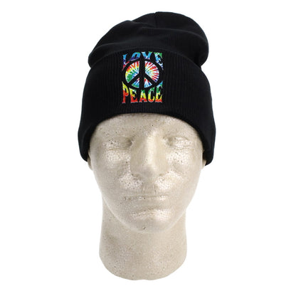 Tie Dyed Peace and Love on Black Beanie