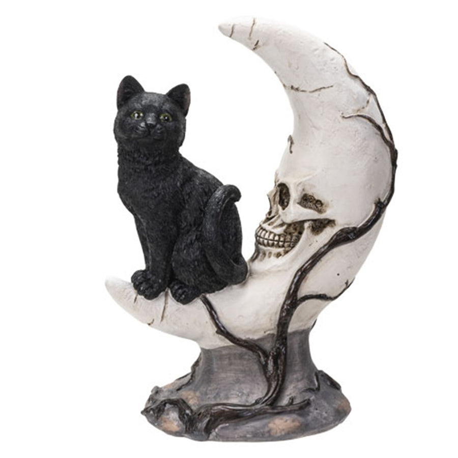 Black Cat on Moon Skull Figurine