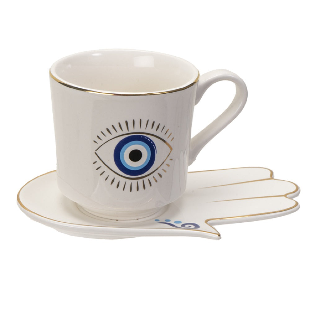 Evil Eye Cup and Saucer - White