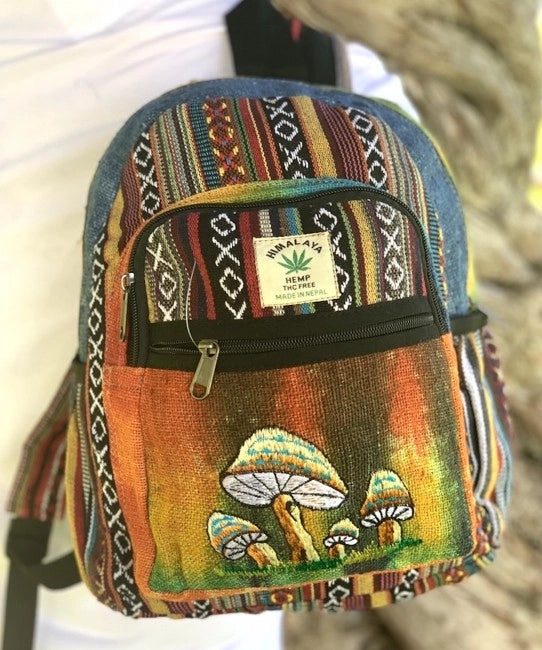 Tie Dyed Hemp and Cotton Embroidered 4 Mushrooms Mini Backpack