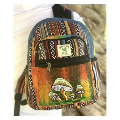Tie Dyed Hemp and Cotton Embroidered 4 Mushrooms Mini Backpack