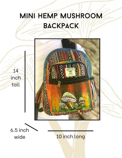 Tie Dyed Hemp and Cotton Embroidered 4 Mushrooms Mini Backpack