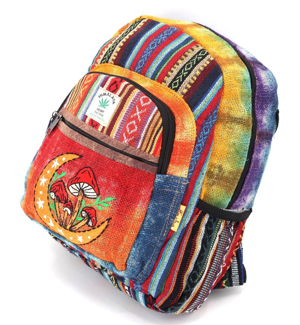 Tie Dyed Hemp Embroidered Moon Mushroom Mini Backpack