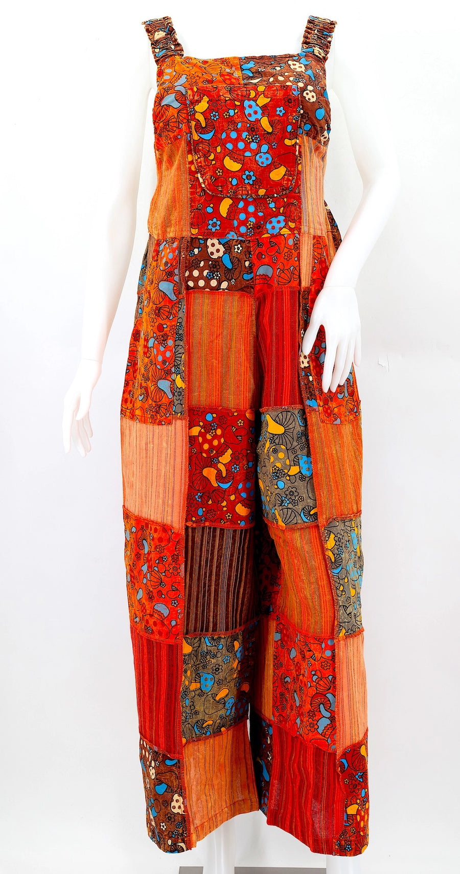 Mushroom Pattern Patchwork Overalls in Orange