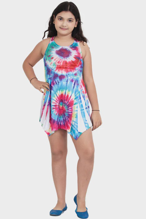 Kids Lace Back Tie Dye Digital Print Dress